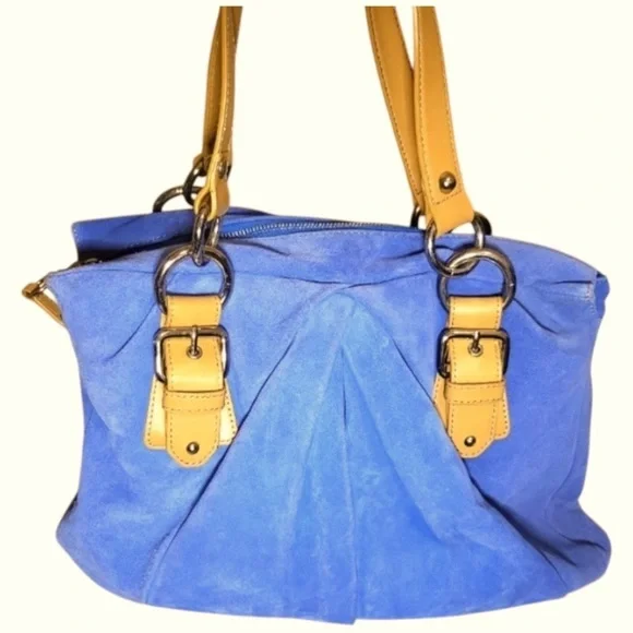 Nine West Periwinkle Blue Suede Handbag Pleating Zipper Pocket Beige Handle - Picture 2 of 8